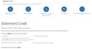 Screenshot showing ability to get a statement credit for one cent per ThankYou point