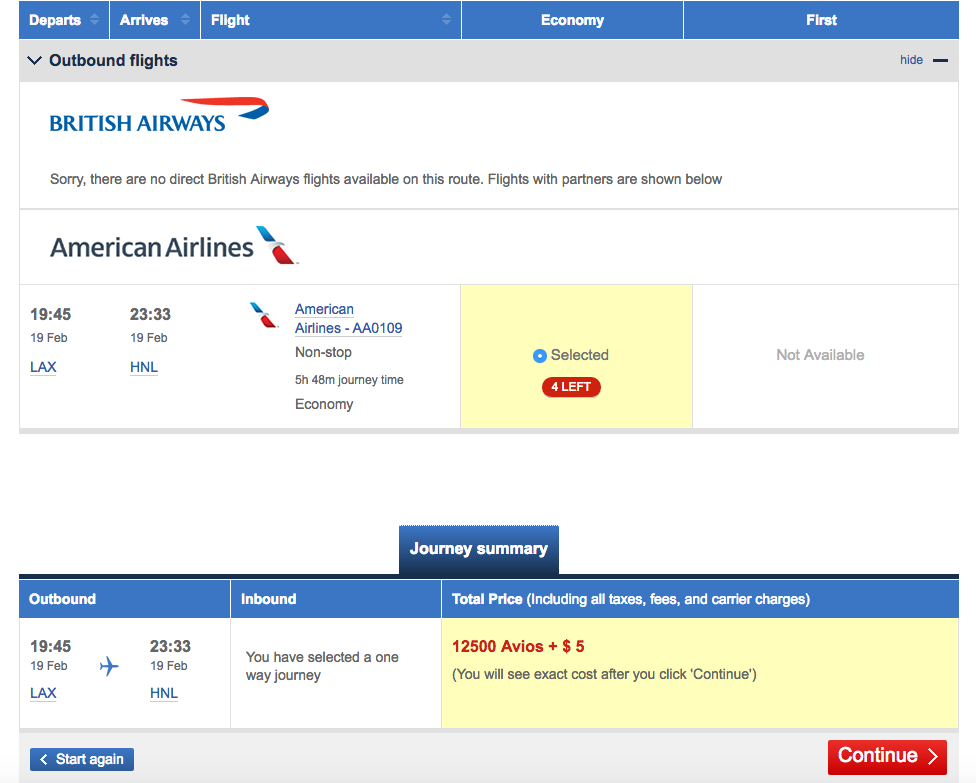 Avios Redemption on AA from LAX to HNL for 12500 Miles 5