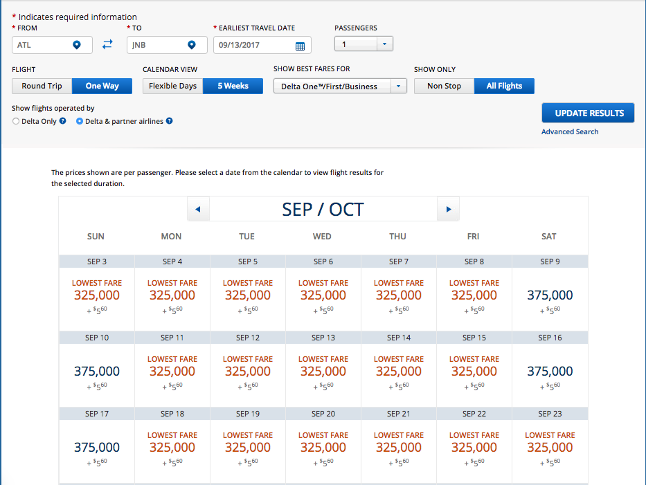 Delta Frequent Flyer Award Chart