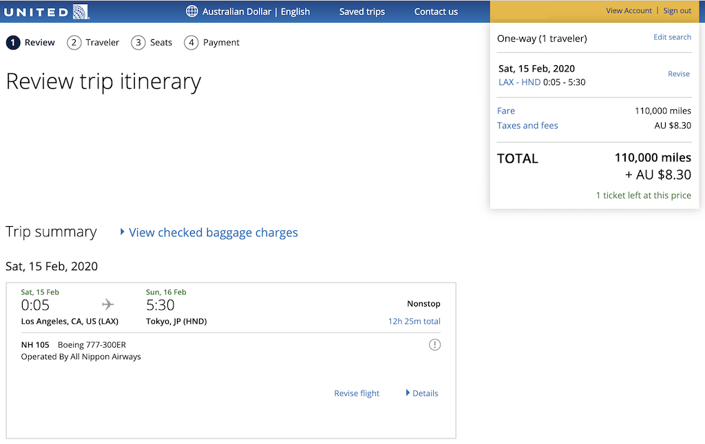 United MileagePlus First Class Award Los Angeles to Tokyo