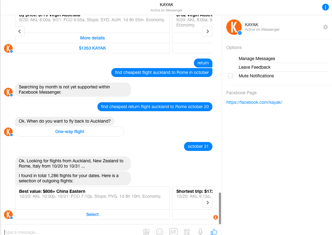The new Messenger bot from Kayak brings a whole new level of functionality to the messaging platform. The new Messenger bot from Kayak brings a whole new level of functionality to the messaging platform.