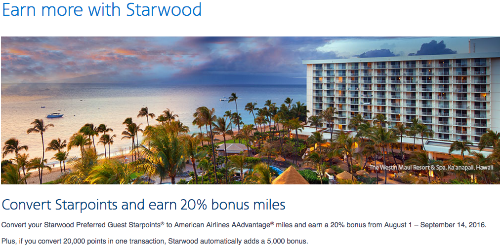 Receive an extra 20% bonus AAdvantage miles on SPG transfers Receive an extra 20% bonus AAdvantage miles on SPG transfers