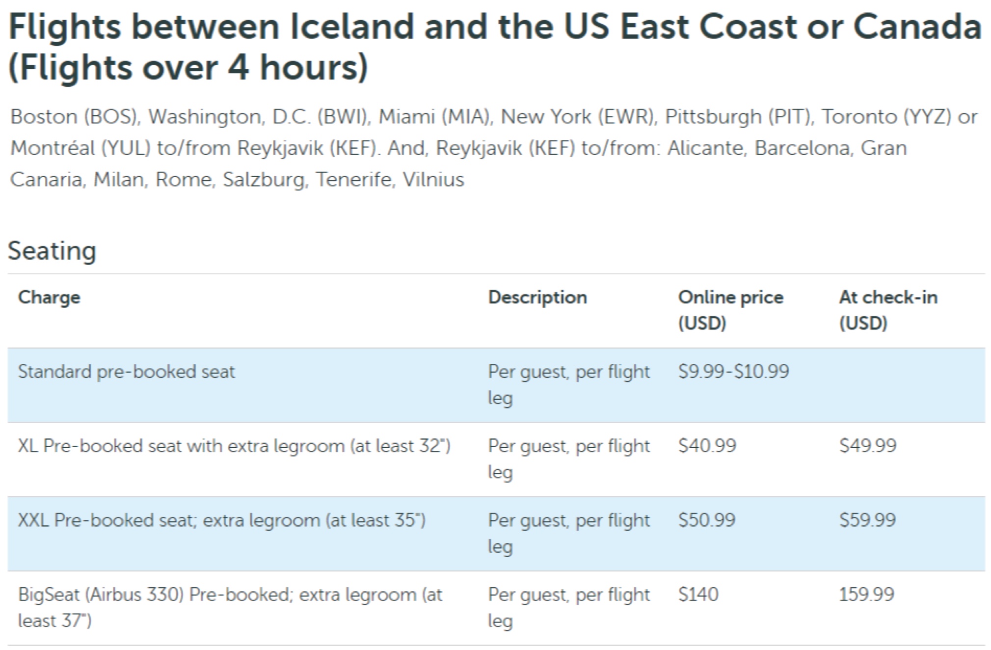 WOW air Seat Selection East Coast