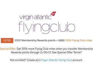 30% Membership Rewards Transfer Bonus to Virgin Atlantic Through Nov 30, 2017