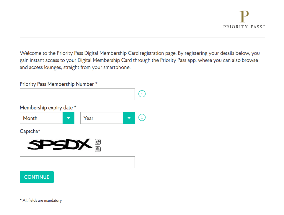 Priority Pass Digital Membership Card registration page