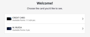 Screenshot of Chase point combination card selector option