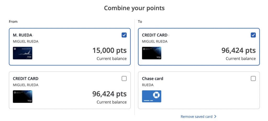 Screenshot of Chase combine your points page
