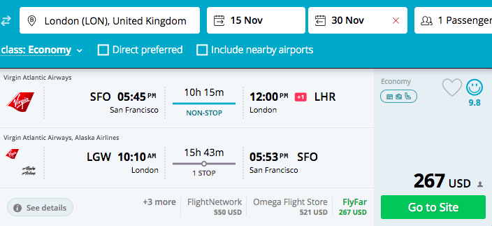 Dollar Flight Club - Virgin - SFO to London