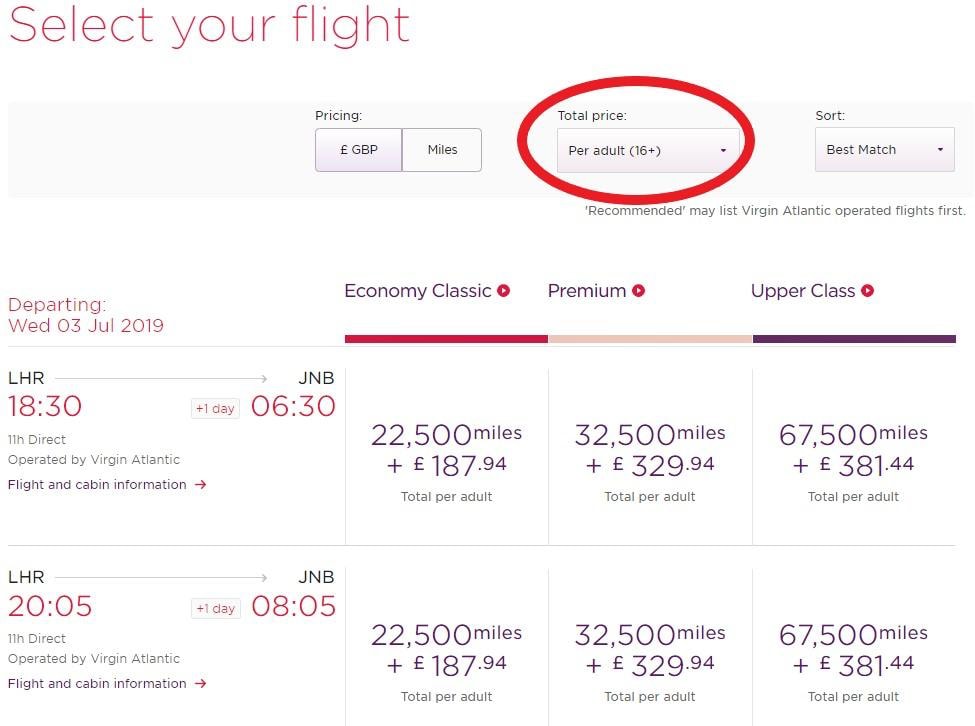 A screenshot of just the adult fare on Virgin Atlantic.