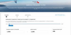 Screenshot of transferring Citi ThankYou Points to Qantas with a 20% bonus