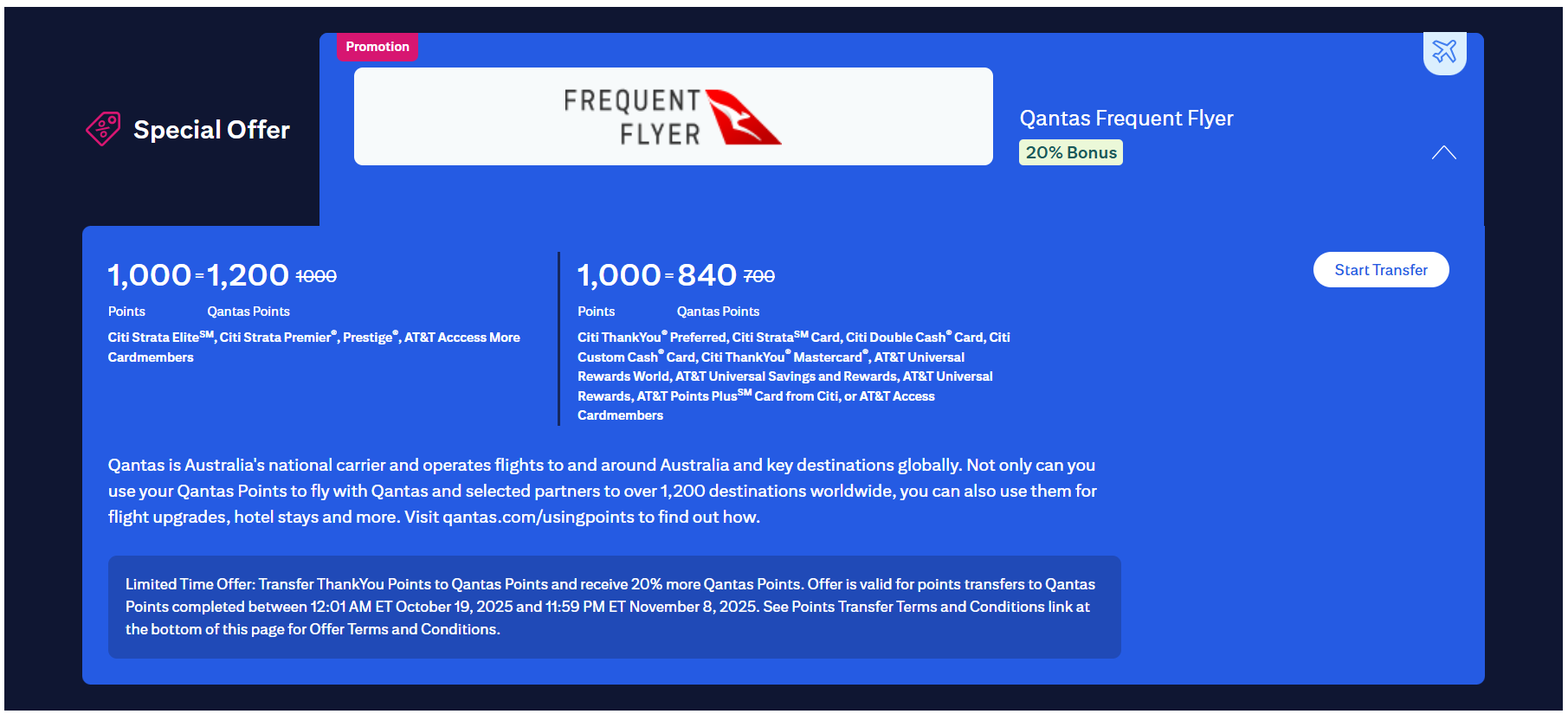 Citi ThankYou Transfer Bonus to Qantas Frequent Flyer