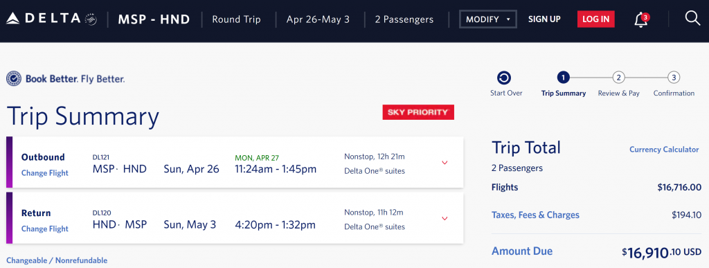 Delta One cash fare to HND