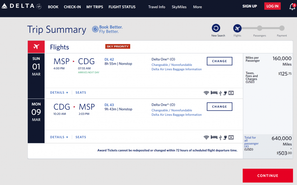 Skymiles for a family of four to Paris