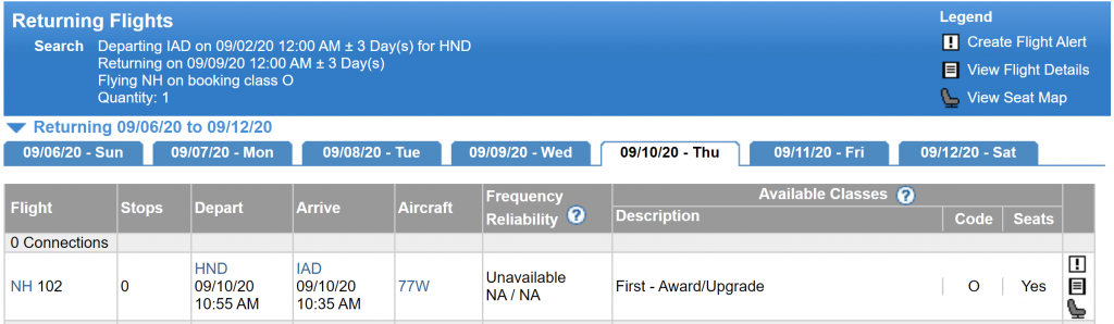 "O" First Class saver space on returning flight