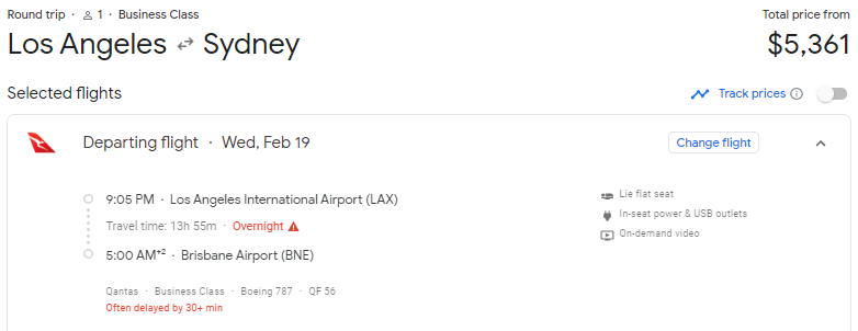 Cash fare for Qantas business class