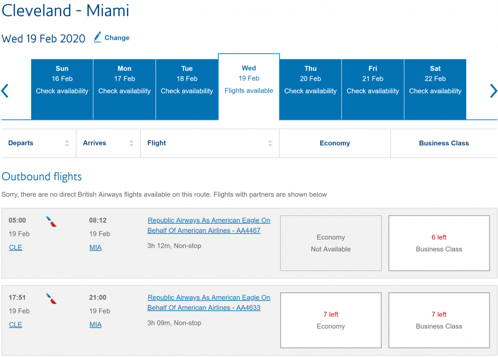 British Airways award search for AA flights