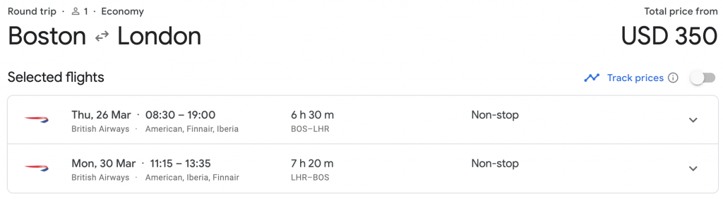 Boston to London on British Airways for $350 Round Trip