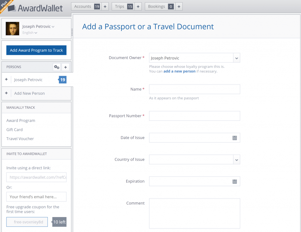 Passport or Travel Document information