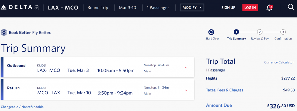 Delta Cash (Main Cabin) Fare LAX-MCO