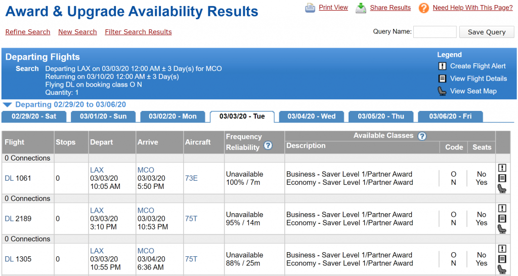Expertflyer search results (departing flight)