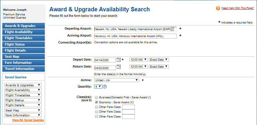 Basic search for United saver award space