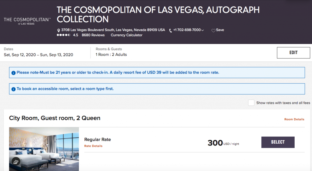 Screenshot of Marriott booking page for The Cosmopolitan in Las Vegas showing $300 rate