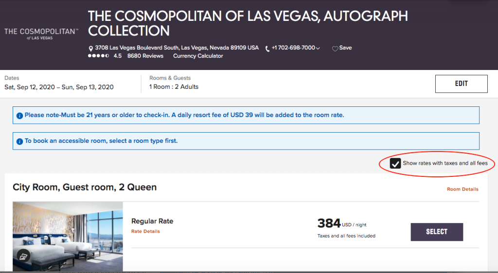 Marriott booking page with optional "Show rates with taxes and all fees" turned on to see resort fees.