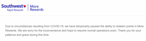 Error message on Southwest Rapid Rewards More Rewards page about the temporary suspension of redemptions.
