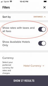 Screenshot of Marriott app with the option to "show rates with taxes and all fees."