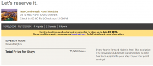 Screenshot showing a 75,000-point redemption at the InterContinental Hanoi Westlake after fourth-night free