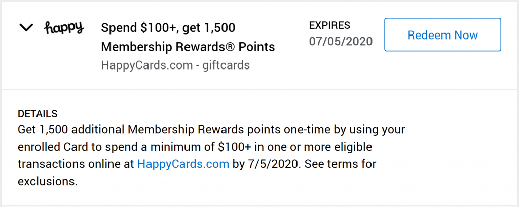 1,500 Bonus points for $100 GC purchase