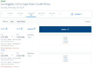 LAX-DOH-CPT award redemption with AA miles , 75,000 per person in business class