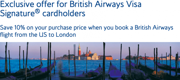 Screenshot showing British Airways Visa Signature cardholder 10% discount