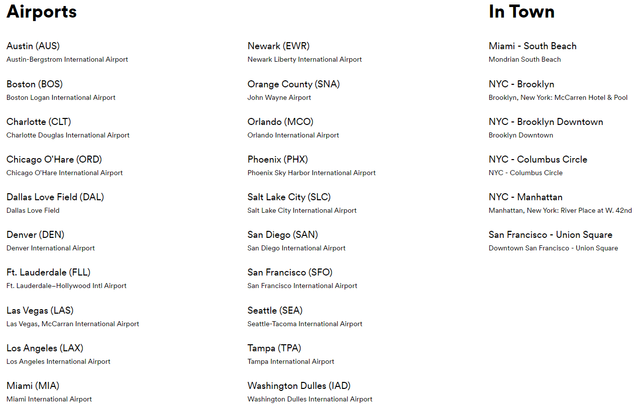 Silvercar Premium Rewards Locations
