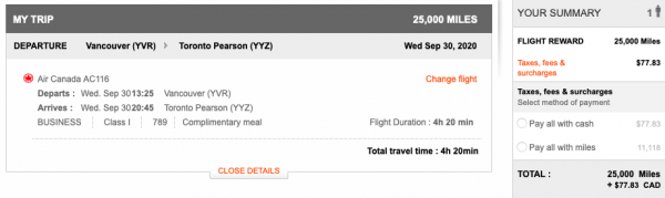 Aeroplan itinerary pricing at 25,000 miles from Vancouver to Toronto Pearson