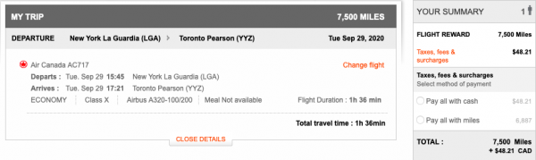 Aeroplan itinerary pricing at 7,500 miles from New York LaGuardia to Toronto Pearson