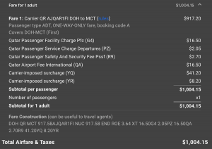 ITA Matrix fees for QR first class flight DOH-MCT