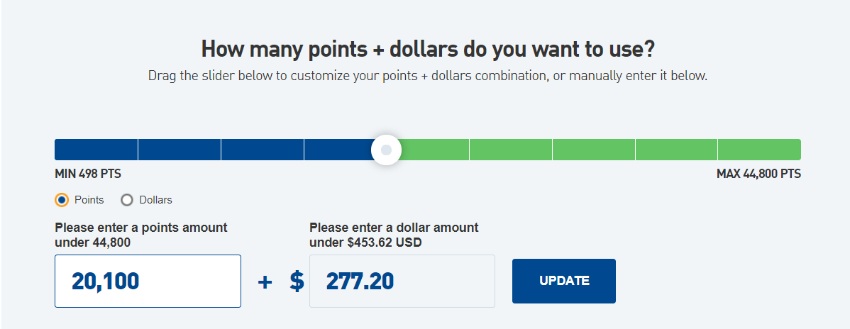 JetBlue Points + Dollars redemption with 20,100 points and $277.20 cash