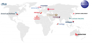 Oneworld member airline logos on a map showing their home countries