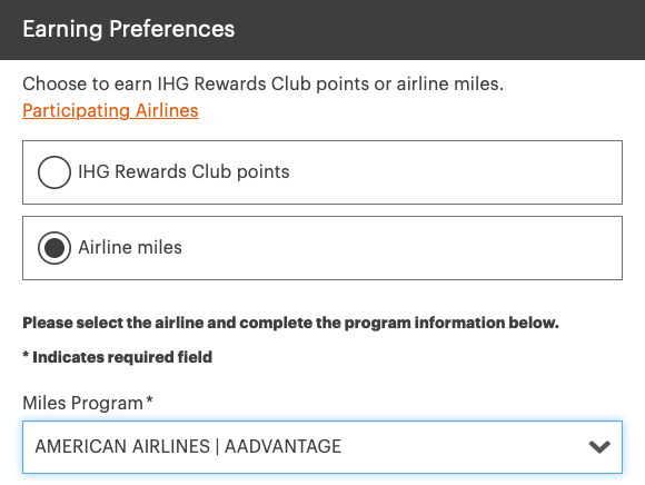 Earn American Airline miles instead of IHG Rewards points