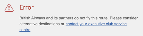 error message trying to use British Airways Avios