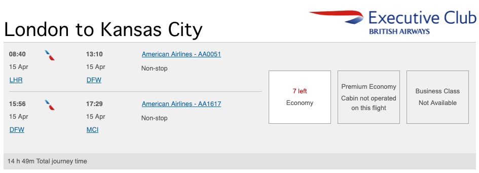 London to Kansas City flight availability using Avios