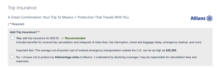 trip insurance pop-up message offering additional coverage when buying a flight
