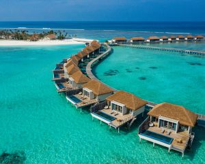 aerial view of overwater bungalows at luxury Maldives hotel