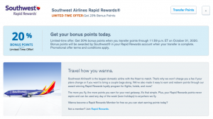 20% transfer bonus from Chase Ultimate Rewards to Southwest Rapid Rewards