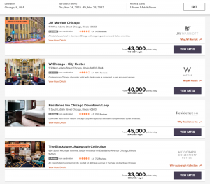 Screenshot of Marriott award pricing in Chicago for late 2022