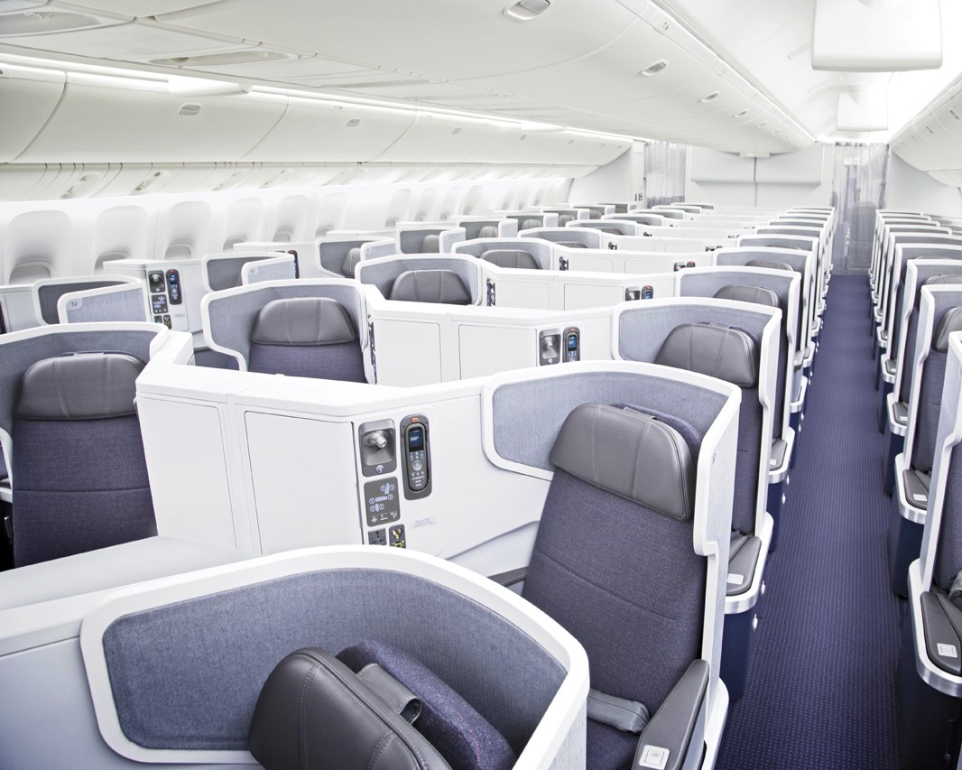 inside an American Airlines B777 business class cabin