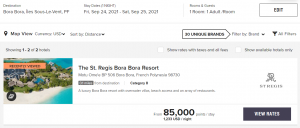 Screenshot of St. Regis Bora Bora at 85,000 points per night