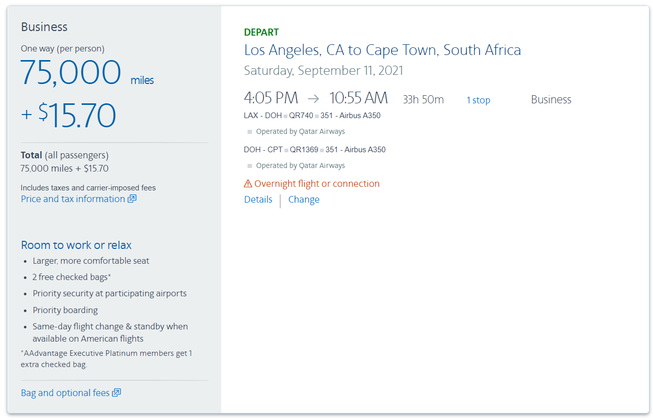 Use 75,000 AAdvantage miles for a business class flight to South Africa