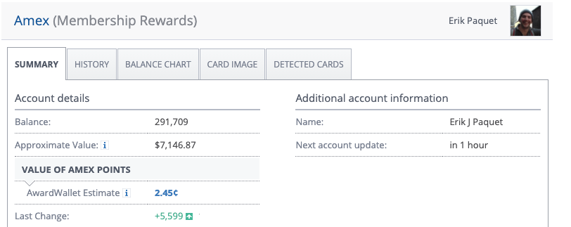 Screenshot of American Express account in AwardWallet showing the estimated value of the points in the account using MileValue.